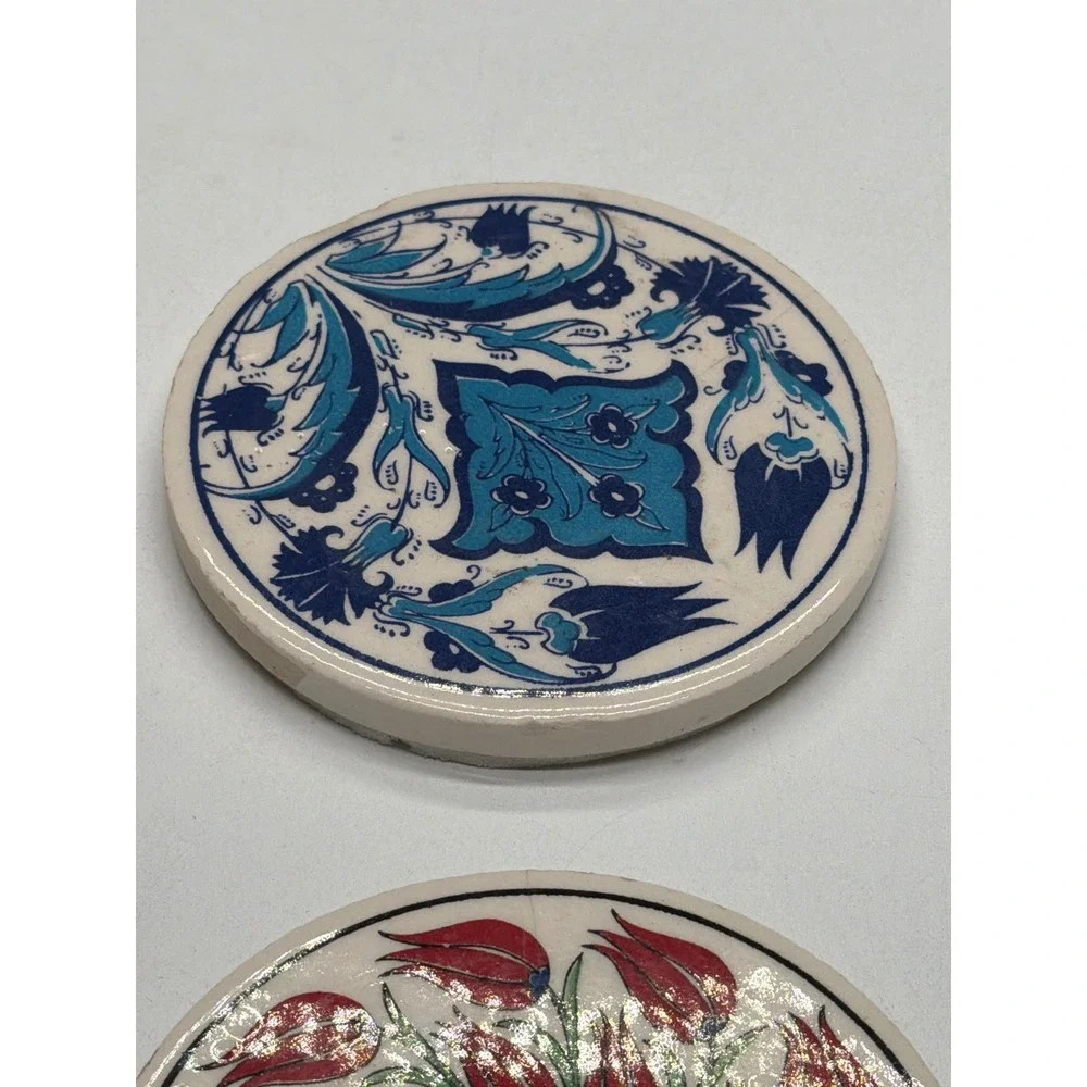 Set of 2 Ceramic‎ Coasters Turkish Tulip Floral Blue White Round Decorative
